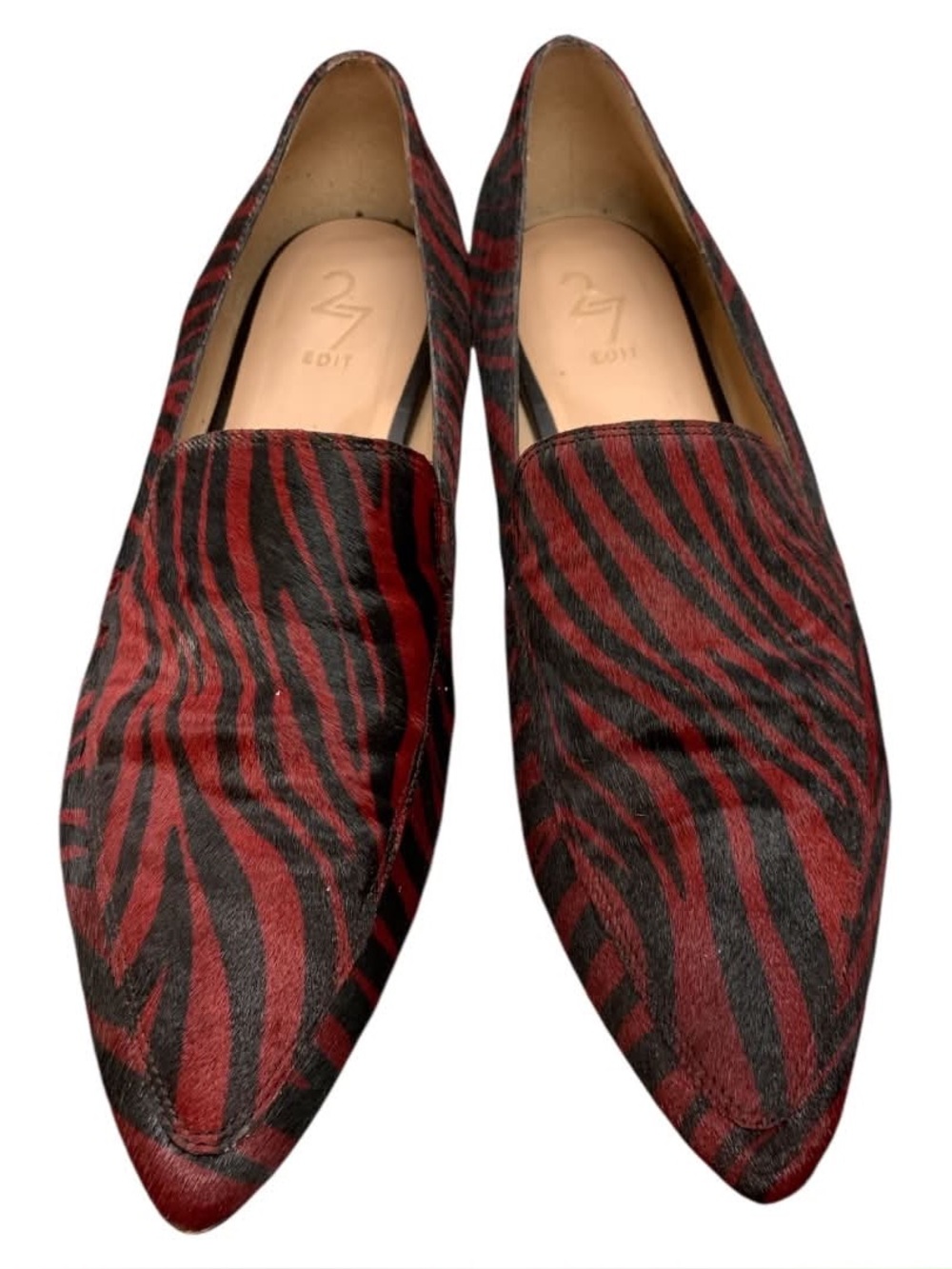 27 EDIT Red and Black Zebra-Print Pointed Slip-On Flats S11